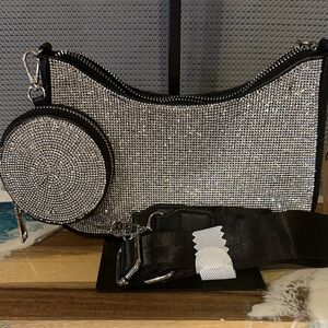 Crystal-Embellished Black Shoulder Bag with Coin Pouch